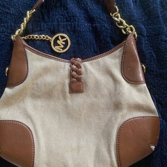 Micheal Kors brown braided leather and canvas shoulder bag purse - Picture 2 of 5